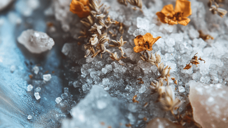 Eine Nahaufnahme von Meersalz mit getrockneten Blüten und Kristallen, die die Verbindung zwischen Küstenlandschaften und Entspannungstechniken für Spa-Behandlungen symbolisiert. Die Komposition wird im Stil der Makrofotografie mit natürlichem Licht aufgen