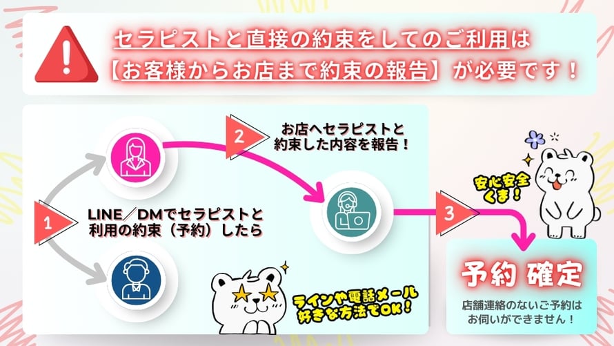 セラピストと直接の約束をしてのご利用は【お客様からお店まで約束の報告】が必要です！❶LINE/DMでセラピストと利用の約束(予約)したら❷お店へセラピストと約束した内容を報告！❸予約確定！ LINEや電話、メール、好きな方法でOK！安心安全！ 札幌 女性用風俗 すすきの 雨はしずかに