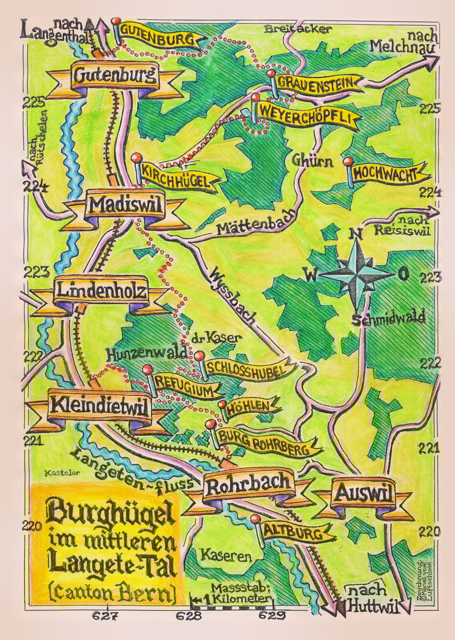 Burghügel im Oberaargau (Gutenburg, Madiswil, Kleindietwil, Rohrbach, Auswil) mit den Standorten Gutenburg, Grauenstein, Weyerchöpfli, Hochwacht, Kirchhügel, Schlosshubel, Refugium, Burg Rohrberg, Altburg)