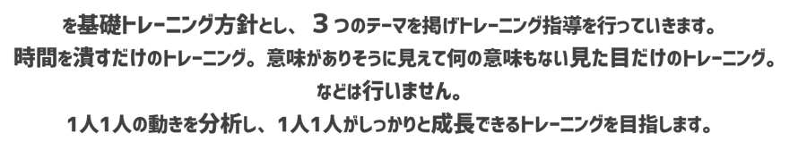 トレーニング方針を基礎トレーニング方針とし３つのテーマを掲げトレーニング指導を行っていきます。時間を潰すだけのトレーニング、意味がありそうに見えて何の意味もない見た目だけのトレーニング。などは行いません。一人一人の動きを分析しひとりひとりがしっかりと成長できるトレーニングを目指します。