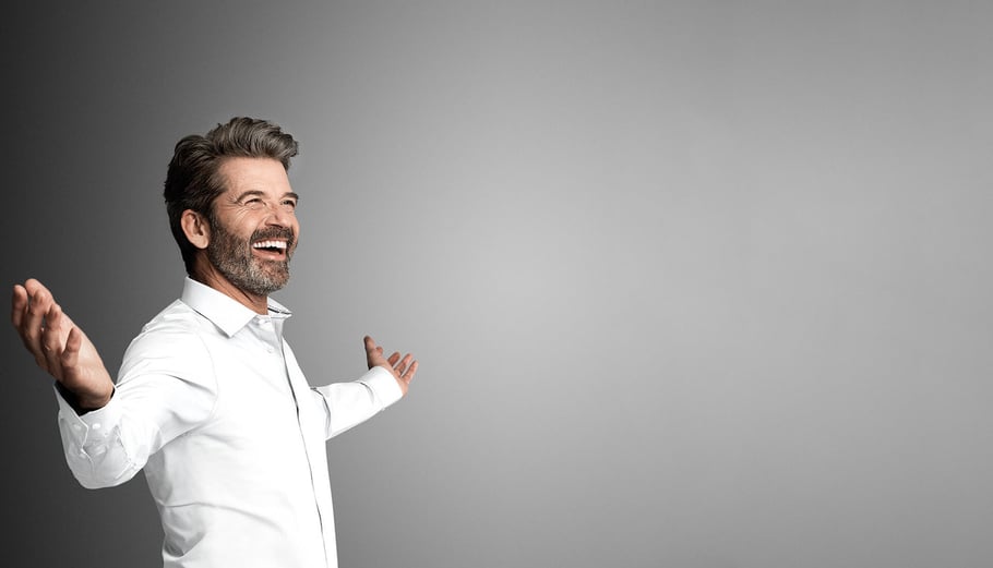 happy man in white shirt with open arms