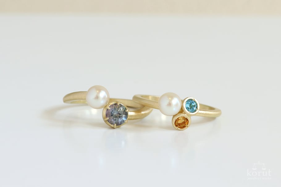 リフォーム後の指輪/K18・ゾイサイト・パールリング/K18・ブルートパーズ・シトリン・パールリング