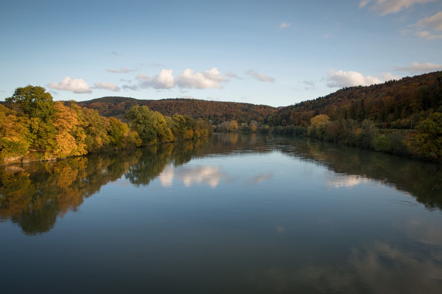 Der Rhein von der Hochrheinbrücke aus gesehen. Blickrichtung Flussaufwärts in Richtung Rheinsulz. (Foto CC)