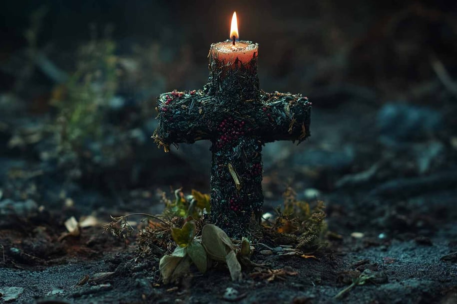 Ein Holzkreuz aus Moos und Blättern mit einer alten Kerze darauf, auf dem Boden davor schwarze Erde und einige kleine Pflanzen drumherum, dunkler Hintergrund, im Stil der Fotografie, im Stil von Fantasy, Fantasie, dunkle Töne, Gothic-Atmosphäre, filmisch.