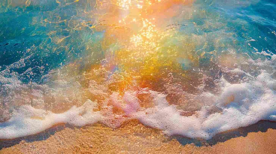 Die Sonne scheint auf den Strand und bunte Wellen schlagen auf den goldenen Sand. Das Sonnenlicht wird vom kristallklaren Wasser reflektiert und erzeugt Wellen, die in Regenbogenfarben funkeln. Diese Szene ist mit leuchtenden Blaugrün-, Gelb-, Orange.