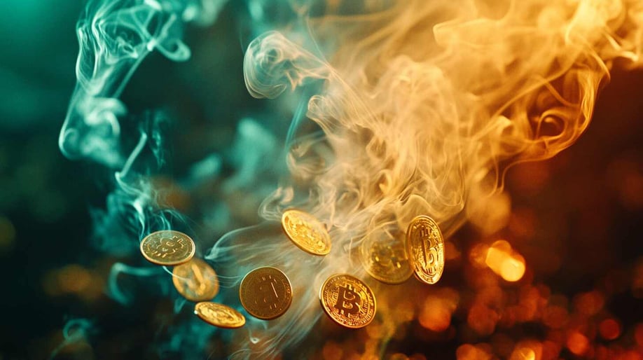 Ein detailliertes Foto von Goldmünzen und blaugrünem Rauch, der in der Luft schwebt, mit orangefarbener und blaugrüner Beleuchtung, die eine filmische Atmosphäre erzeugt