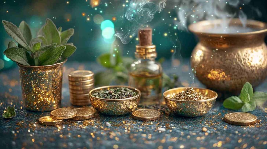 Ein Foto von Goldmünzen, Kräutern und Pflanzen in kleinen goldenen Schalen mit grünen Blättern auf dem Tisch. Darüber raucht ein großer Kessel mit einem glitzernden Hintergrund