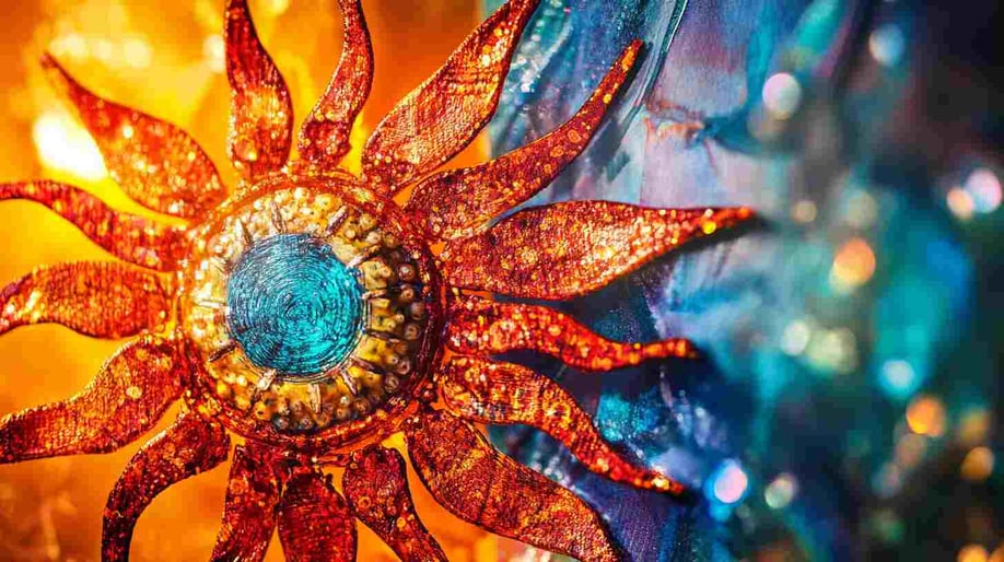 Eine Nahaufnahme eines komplizierten Sonnendesigns aus leuchtend schimmernden Pailletten und Glitzer auf der Stoffoberfläche mit einem strahlend blauen Edelstein in der Mitte, der goldene Strahlen ausstrahlt, die das Licht einfangen.