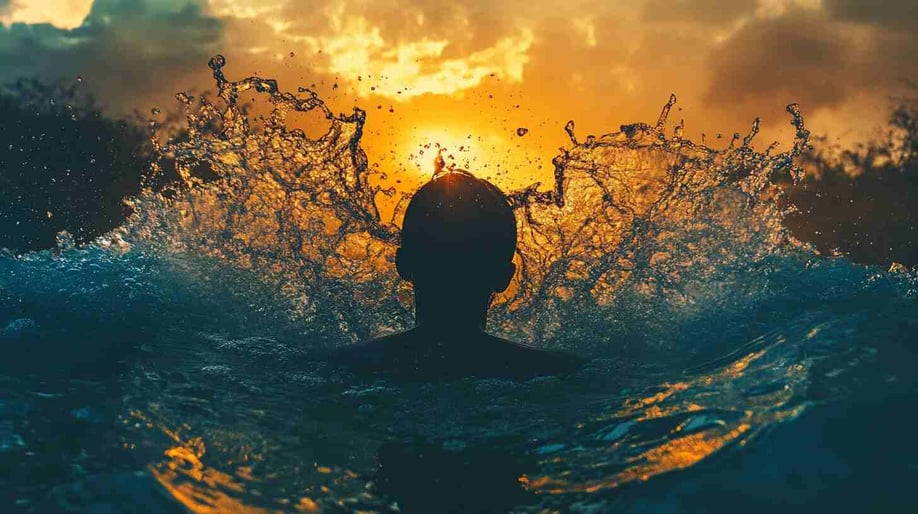 Die Silhouette einer Person, die bei Sonnenuntergang aus dem Wasser auftaucht, umgeben von Wellen und einem lebhaften Himmel im Hintergrund. Der Fokus liegt auf dem Gesicht
