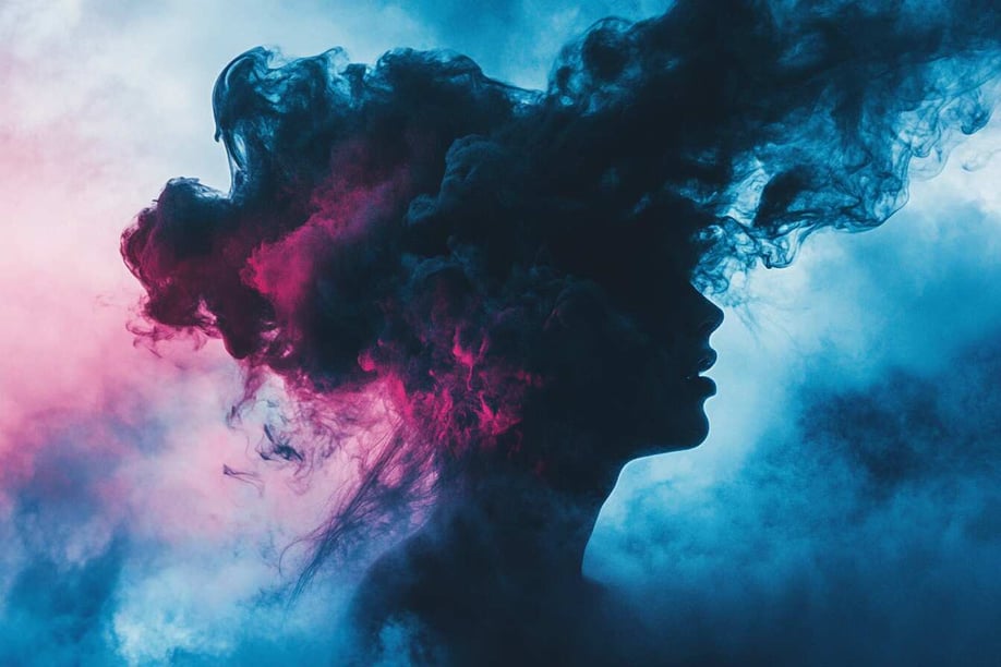 Die Silhouette einer Frau mit Haaren aus Rauch vor einem abstrakten Hintergrund in Blau- und Rosatönen. Die Farben erzeugen eine verträumte Atmosphäre, die der Figur Tiefe verleiht