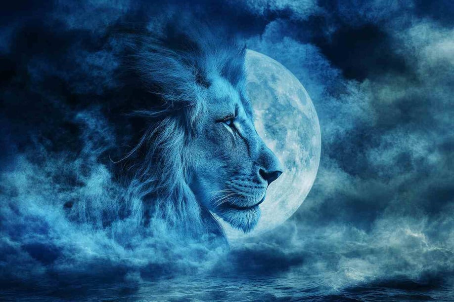 Eine majestätische Löwensilhouette vor dem Hintergrund eines uralten blauen Mondes, umgeben von wirbelnden Wolken und nebligem Wasser. Fokus auf das Gesicht