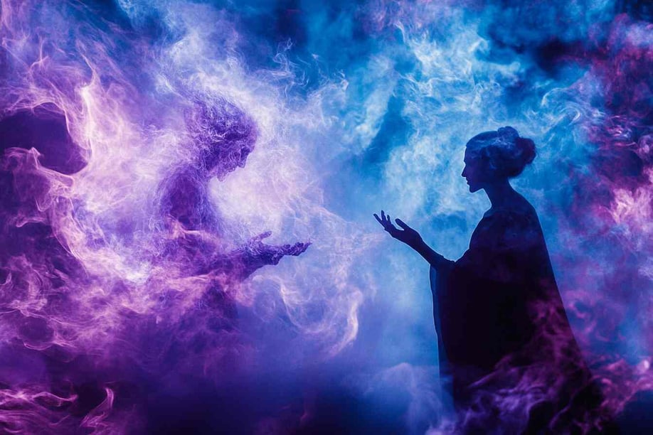 Weitwinkelaufnahme von violettem und blauem Rauch, der um die Silhouette einer alten Frau in Roben wirbelt, die ihre Hände ausgestreckt hat, um jemandem etwas zu geben, filmische, hyperrealistische