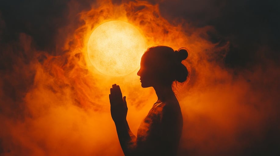 Eine Frau im Gebet, mit der Sonne im Rücken, die einen dunkelorangen und gelben Farbverlauf erzeugt. Rauch und Gegenlicht verleihen der Szene eine spirituelle Atmosphäre.