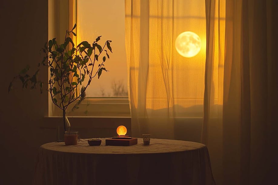 Der Tisch ist mit gelben Gazevorhängen bedeckt und im runden Fenster draußen hängt ein orangefarbener Mond. Das warme Licht scheint durch dünne Vorhangnetze auf die Tischplatte. 