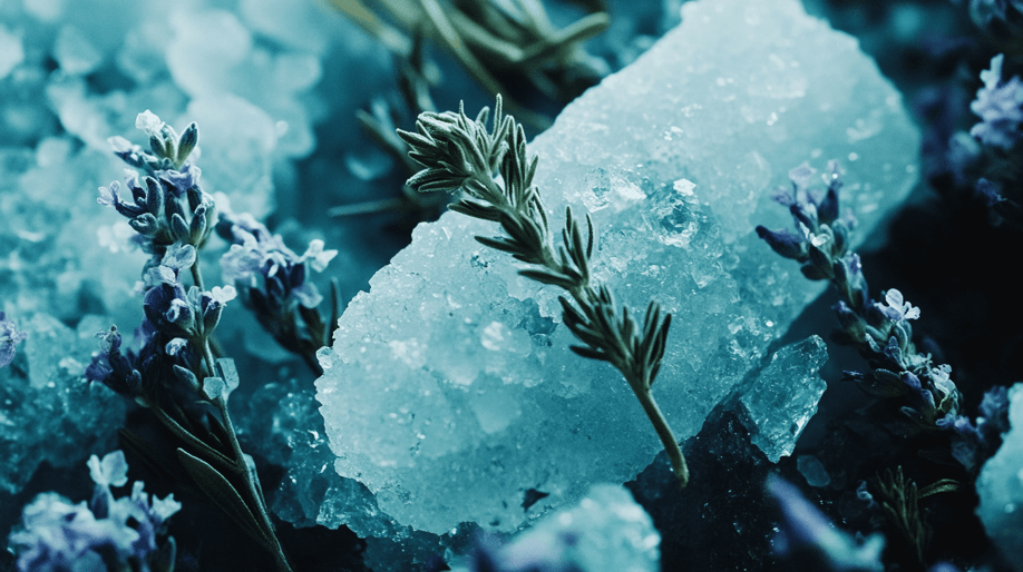 Nahaufnahme von Salzkristallen mit Lavendel und Rosmarin, Makrofotografie, geringe Schärfentiefe, Bokeh-Effekt, pastellblaue Töne, sanftes Licht, natürlicher Hintergrund, professionelle Fotografie, hohe Auflösung, hohe Details, scharfer Fokus.