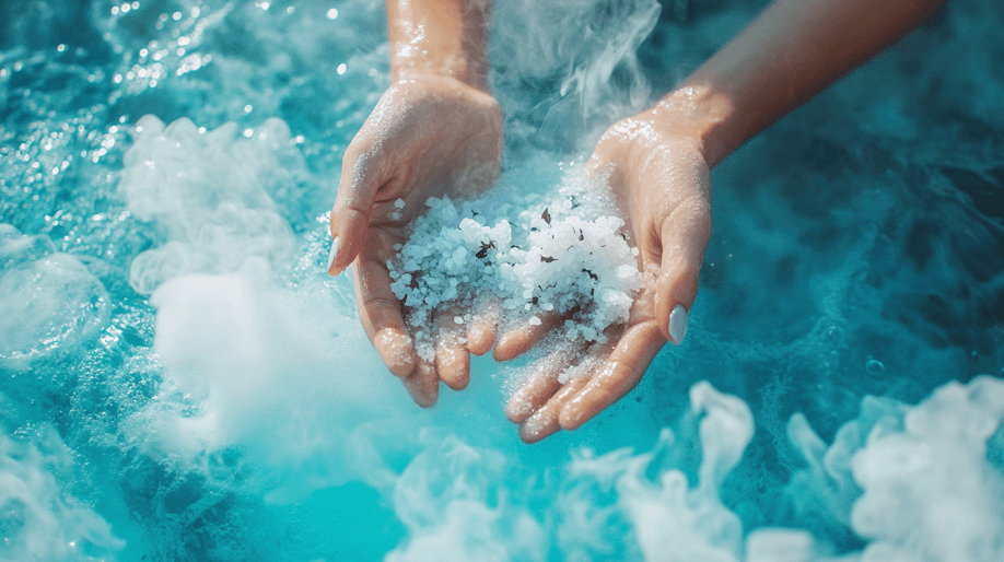 Nahaufnahme der Hände einer Frau, die Meersalz in blauem Wasser hält, ein Schönheitsbehandlungskonzept, ein Spa- und Wellness-Hintergrund, mit Platz für Text; Hochauflösende Fotografie, professionelle Fotografie, filmische Beleuchtung.