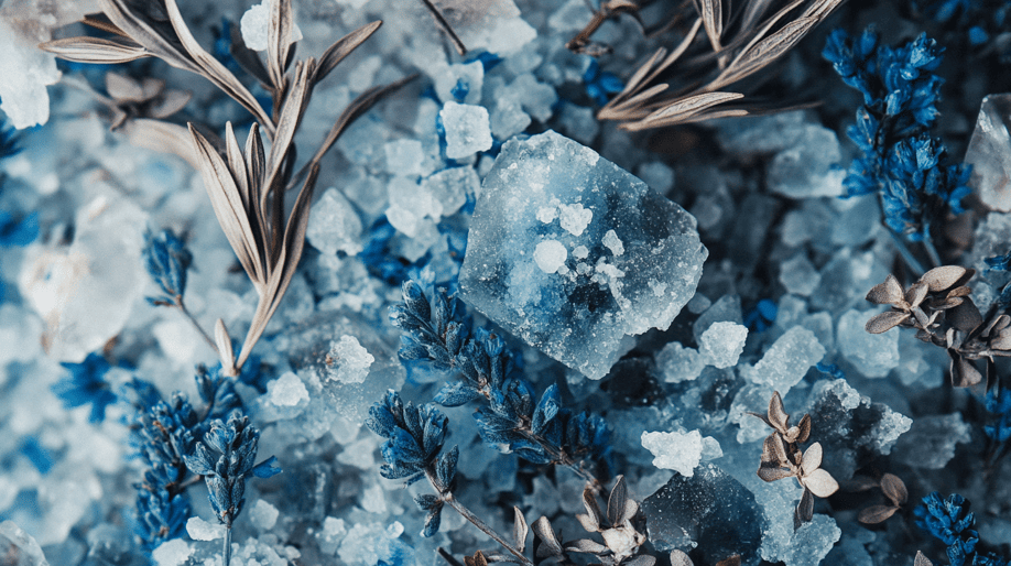 Eine Nahaufnahme von Meersalzkristallen, um die herum getrocknete Lavendelblätter verstreut sind. Die Kristalle sind klar und blau und von zarten Blütenblättern umgeben, die zu ihrer Eleganz beitragen. Im Hintergrund gibt es eine Reihe anderer Blumen.