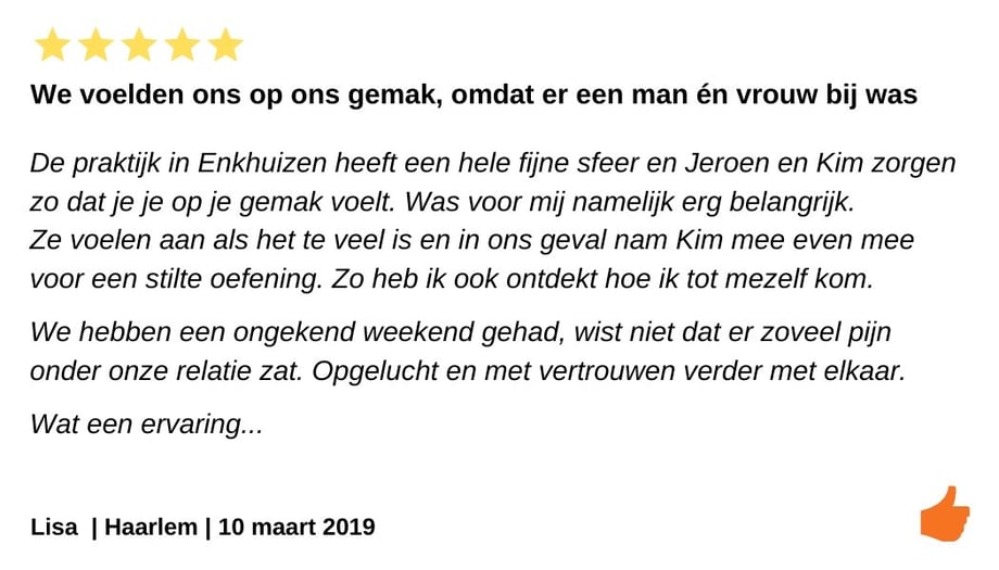 Review relatieweekend Haarlem. Samen in deze relatietherapie onderzocht hoeveel pijn er in onze relatie was. 
