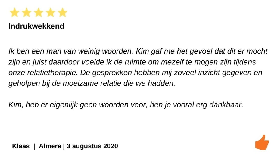Indrukwekkende relatietherapie. Kim Kromwijk geeft veel ruimte op te praten.