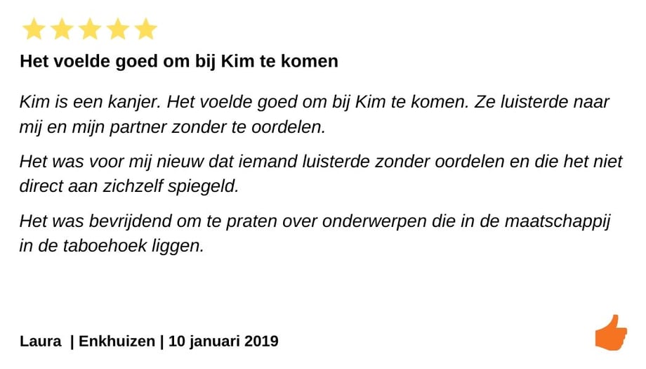 Review relatietherapie Enkhuizen. Kim Kromwijk is een relatietherapeut die luistert zonder oordeel.