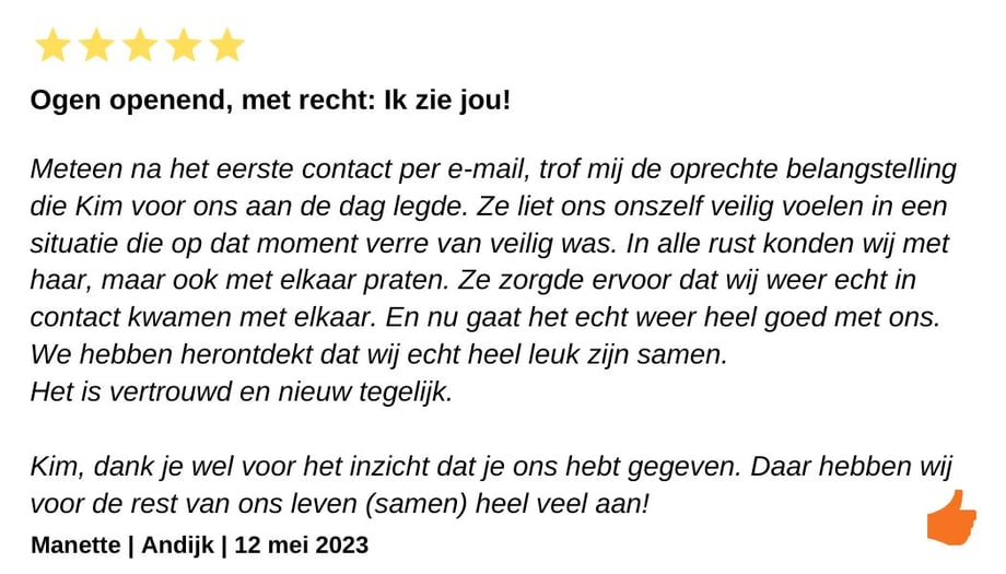 Review Relatietherapie Kim Kromwijk-Lub Relatietheapuet Enkhuizen- Andijk- Grootebroek- Bovenkarspel