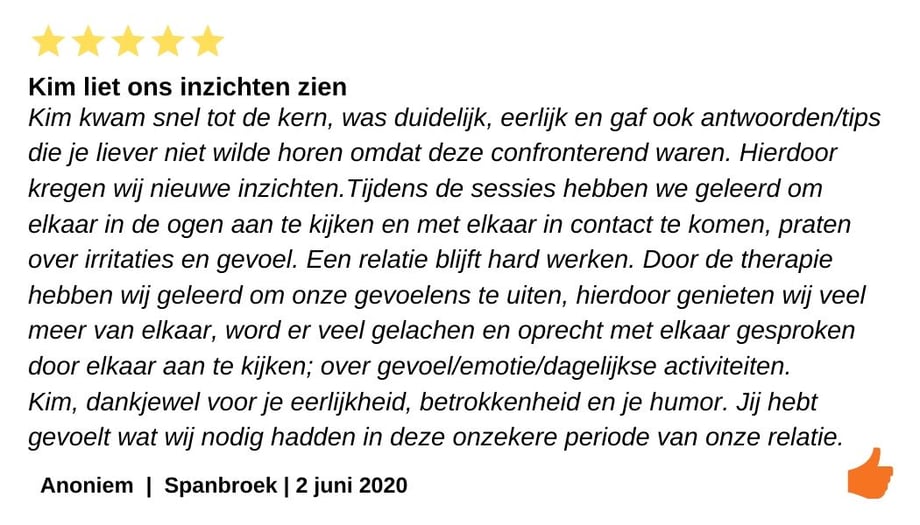Door de relatietherapie hebben wij geleeld om onze gevoelens te uiten. 