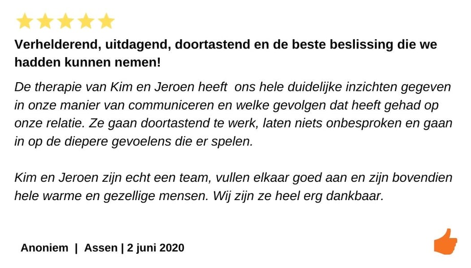 De relatietherapie is verhelderend, uitdagend, doortastend  en de beste beslissing die we hadden kunnen nemen.