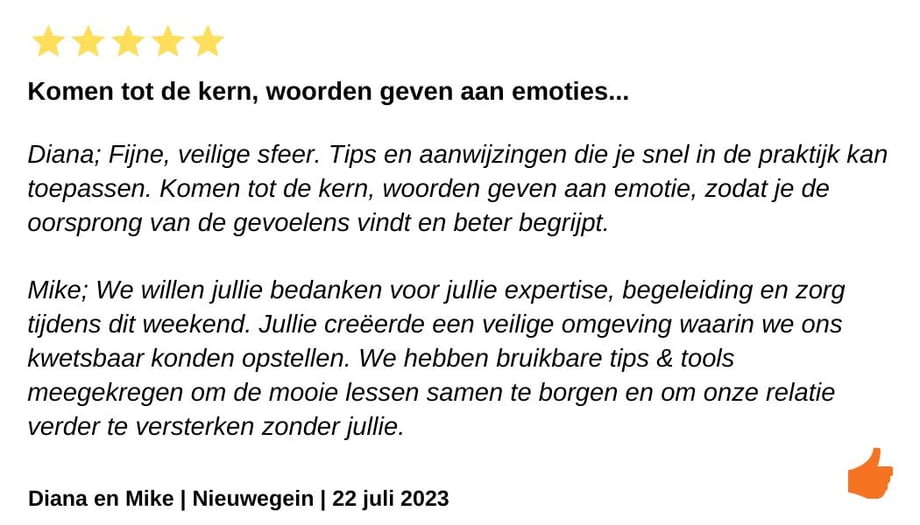 Review relatieweekend relatietherapie retraite. Kim Kromwijk-Lub Relatietherapeut