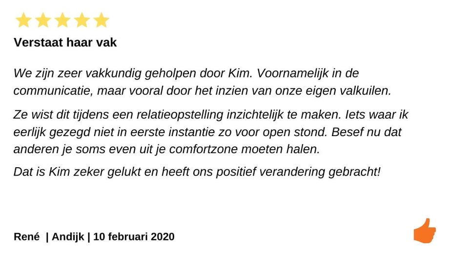 Review Relatietherapie Andijk.  Kim Kromwijk verstaat haar vak