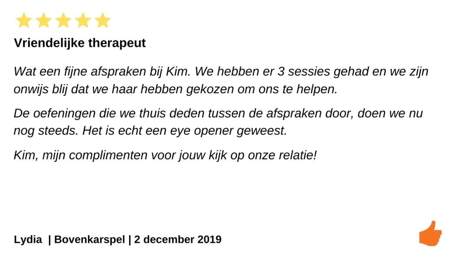 Review relatietherapie Bovenkarspel. Vriendelijke relatietherapeut die ons hielp bij onze relatiebreuk