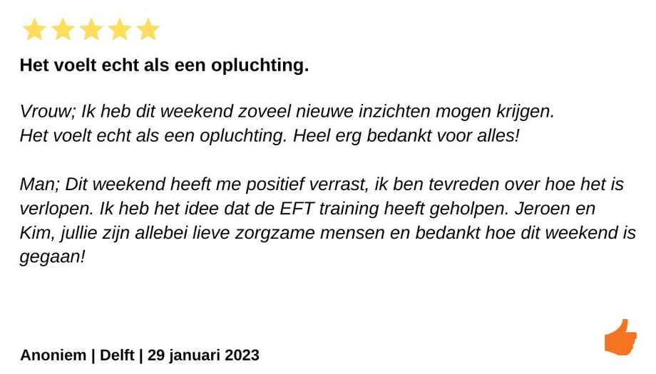 Review EFT Houd me vast training. Jeroen en Kim Kromwijk-Lub Relatietherapeuten