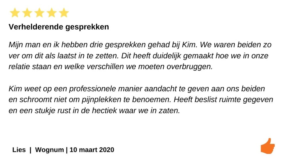 Review relatietherapie Wognum. Verhelderende gesprekken met Kim Kromwijk