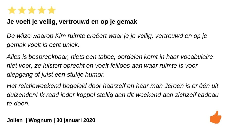Review relatieweekend Hoorn.  Het relatieweekend van Relatiepraktijk De Kim is een cadeua als je relatieproblemen hebt.