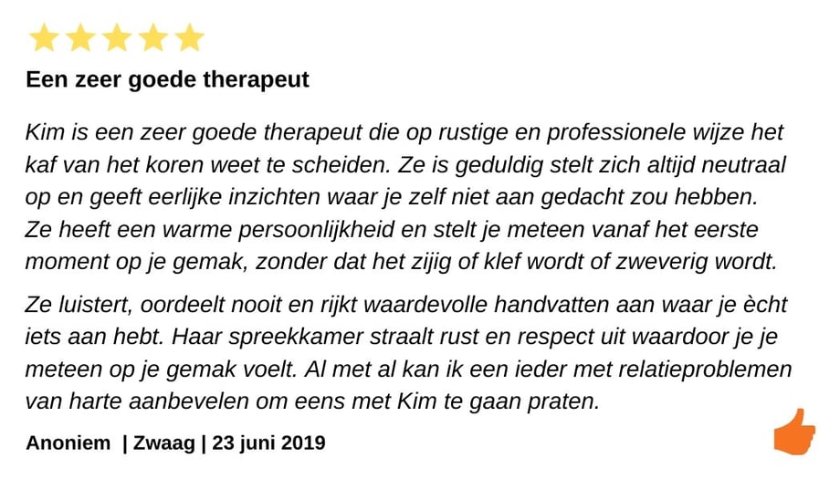 Review relatietherapie Zwaag. Waardevolle handvatten en Kim Kromwijk heeft een warme persoonlijkheid
