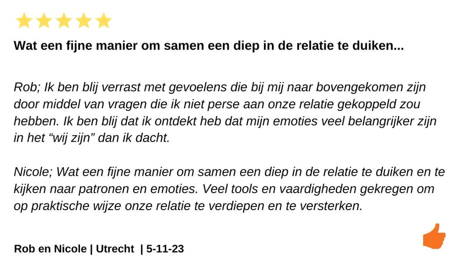 Review Relatieweekend Relatieretraite Relatiemeerdaagse Jeroen en Kim Kromwijk-Lub