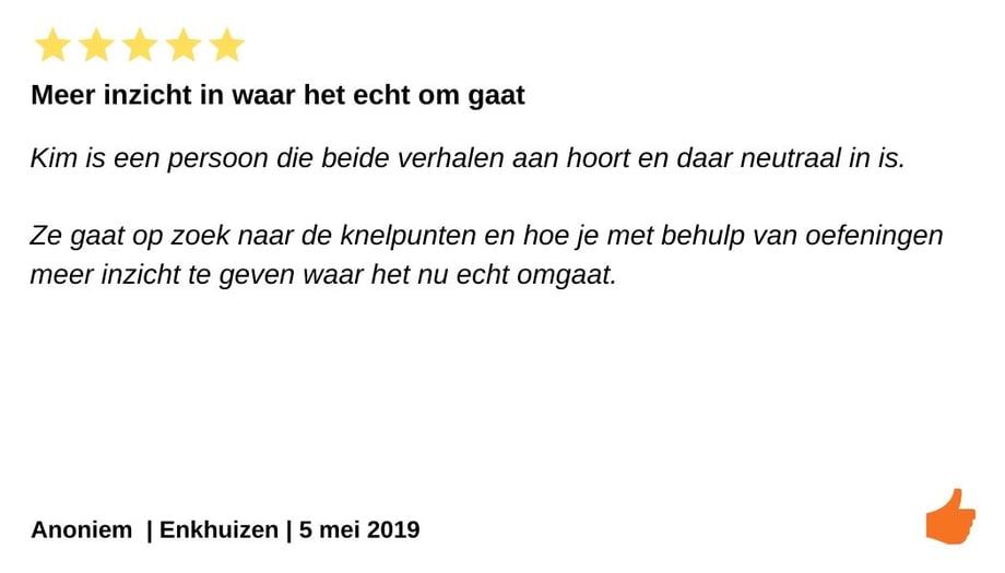 Review relatietherapie Enkhuizen. Kim Kromwijk is een relatietherapeut die inzcht geeft bij een relatiebreuk