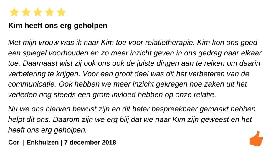 Review relatietherapie Enkhuizen. Relatietherapie die heeft geholpen bij onze communicatie bij onze huwelijkscrisis.