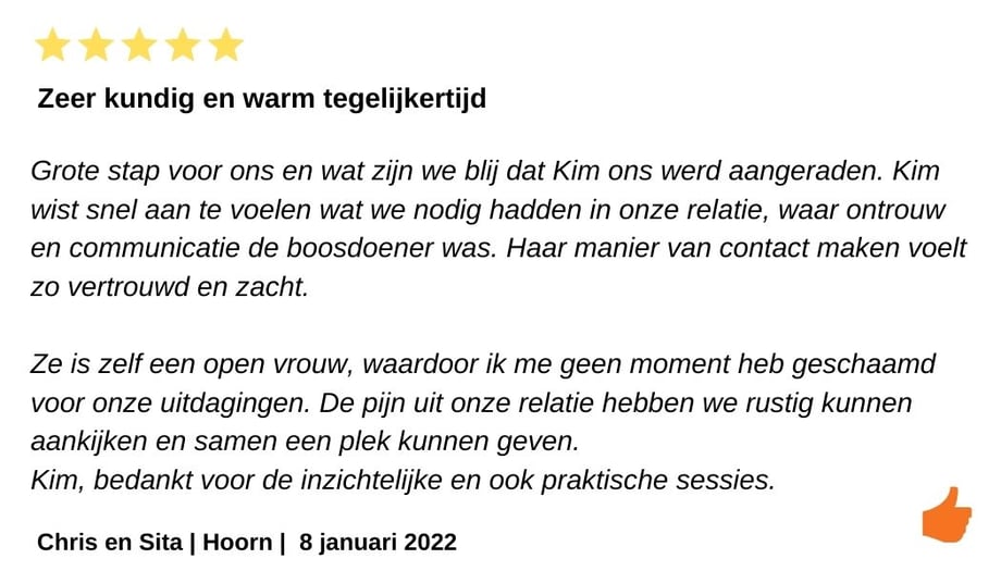 Review Kim Kromwijk-Lub. Relatietherapie West Friesland EFT