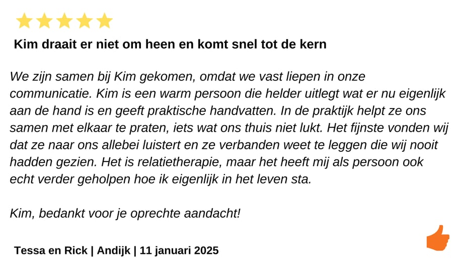 Relatietherapie. Relatiecoach. Werken aan mijn relatie. Review. Kim Kromwijk-Lub