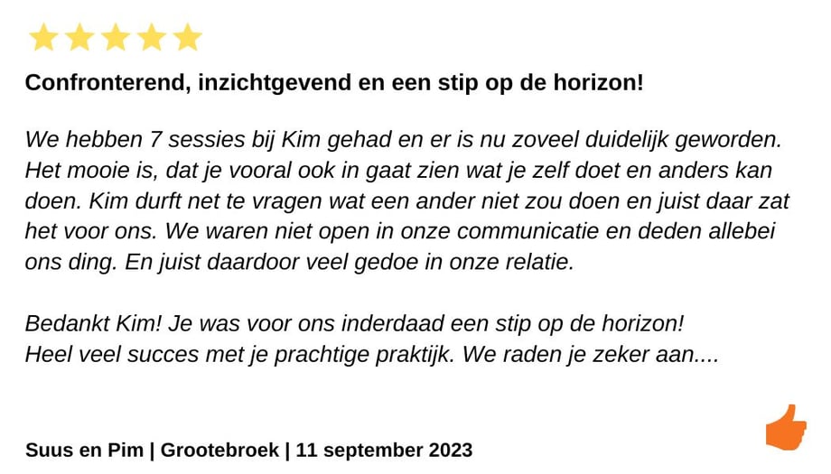 Review Relatietherapie relatiecoaching. Relatietherapeut Kim Kromwijk-Lub