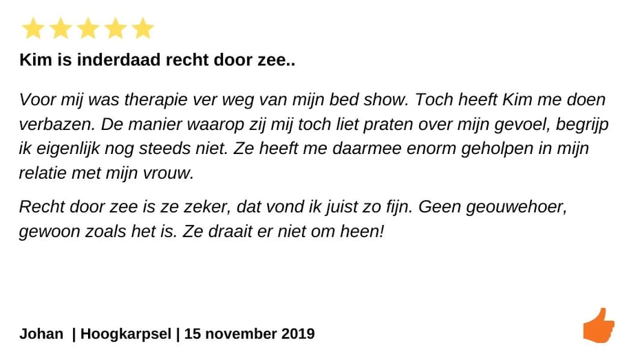 Review relatietherapie Hoogkarspel.  Kim Kromwijk heeft me erg geholpen met communiceren