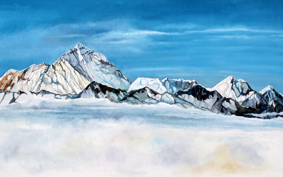 Mount Everest 8848 m Panorama vom Panga La Pass Tibet 5250 m aus / Öl auf Leinwand 160 x 100 cm / ab Reiseskizze 