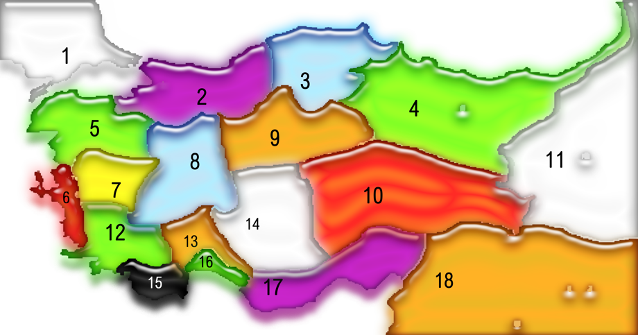 Die antiken Regionen sind; Äolien, Armenien, Bithynien, Galatien,Hellespont (Dardanellen), Isauerien, Karien, Kilikien, Kommagene, Lydien, Lykaonien, Lykien, Mysien, Kappadokien, Pamphylien, Paphlagonien, Pisidien, Pontus, Thrakien, Troas und befinden sic