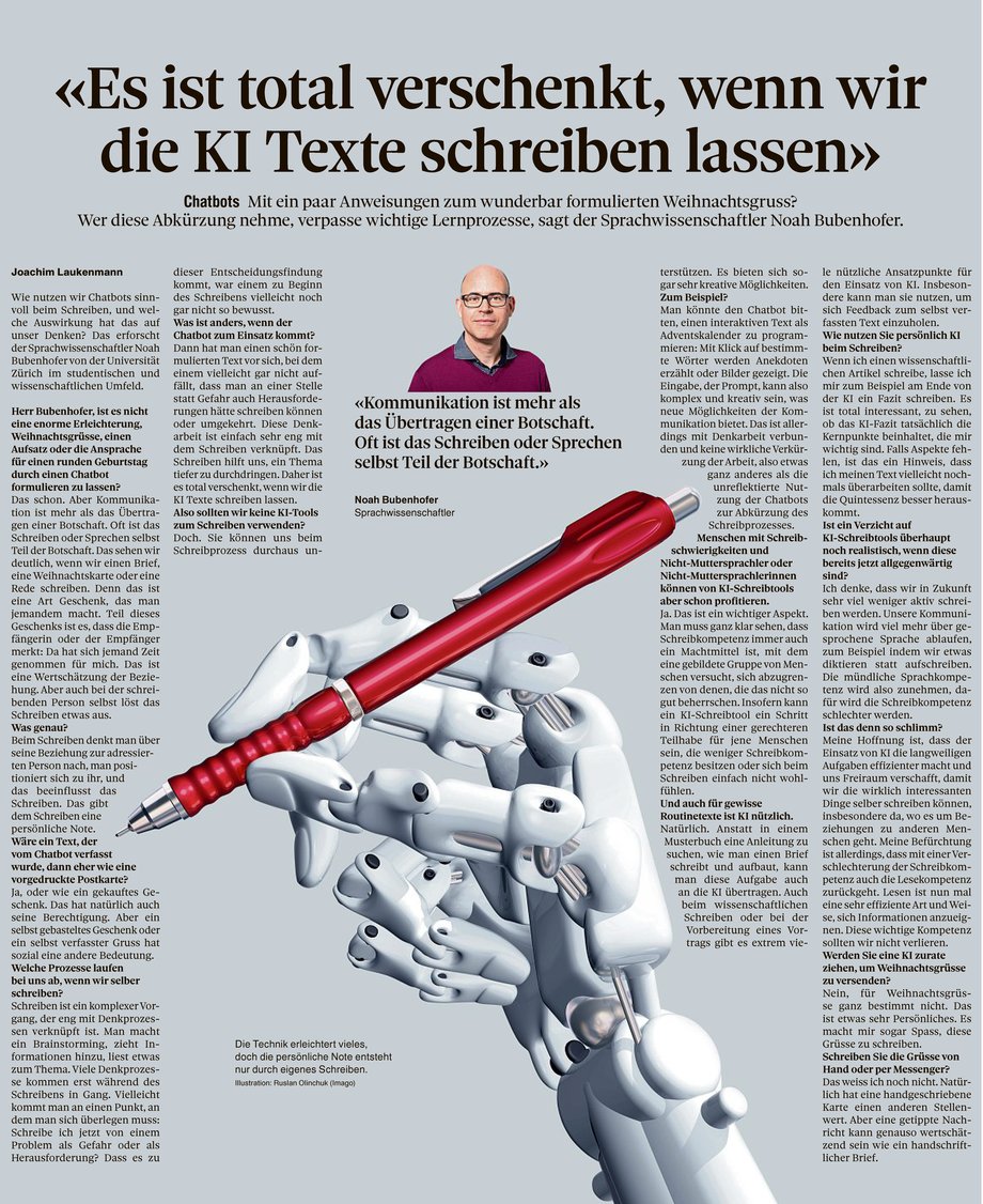 Noah Bibenhofer, Sprachwissenschaftler an der Universität Zürich, äussert sich kritisch über den Einsatz von KI-Schreibtools.