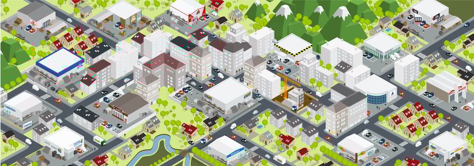 illustration Samse axonométrie aplats de couleurs ville