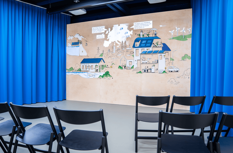 Die Ausstellung startet bei der raumgrossen, interaktiven Wand. © Michael Stünzi