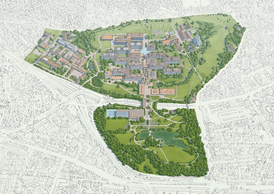 Die Visualisierung des Areals der Universität Zürich Campus Irchel und des universitären Tierspitals mit den Gebäuden und Grünflächen eingebettet im Quartier © Michael Stünzi