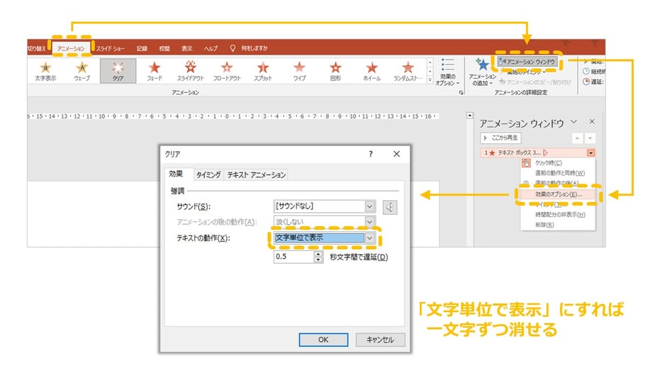 パワーポイントのアニメーション、「終了」の動作も様々なオプションがあります。