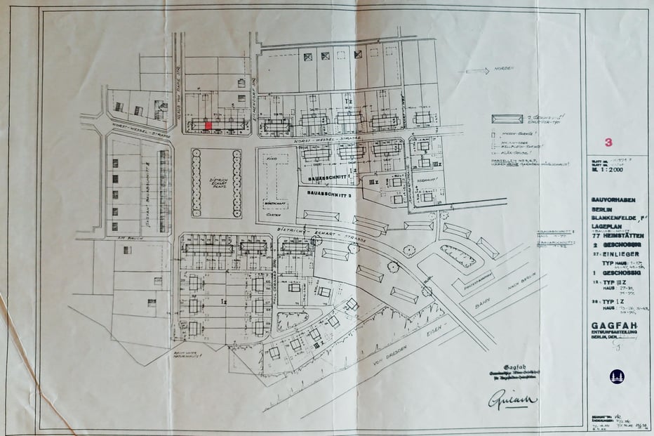 Lageplan des Bereiches um den heutigen Brandenburger Platz (damals Dietrich-Eckart-Platz) aus einer Gagfah-Mappe der späten 1930er Jahre