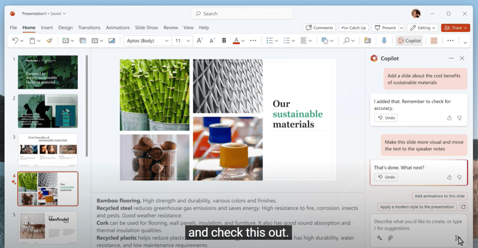 マイクロソフトの「Copilot in PowerPoint」で、簡単な文章だけだったスライドに「もっとスタイリッシュに」とプロンプトを入力するだけで、このようなスライドが出力されます。